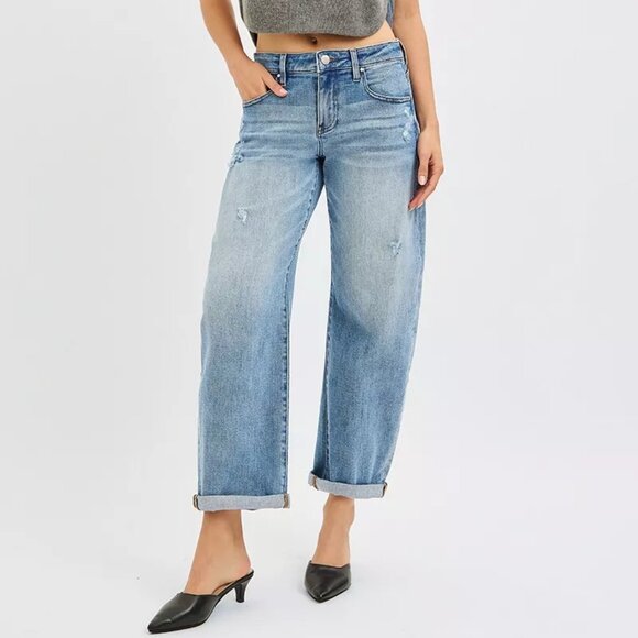 RISEN Full Size Slouchy Ankle Length Barrel Jeans with Cuffs Plus Size - Picture 1 of 6